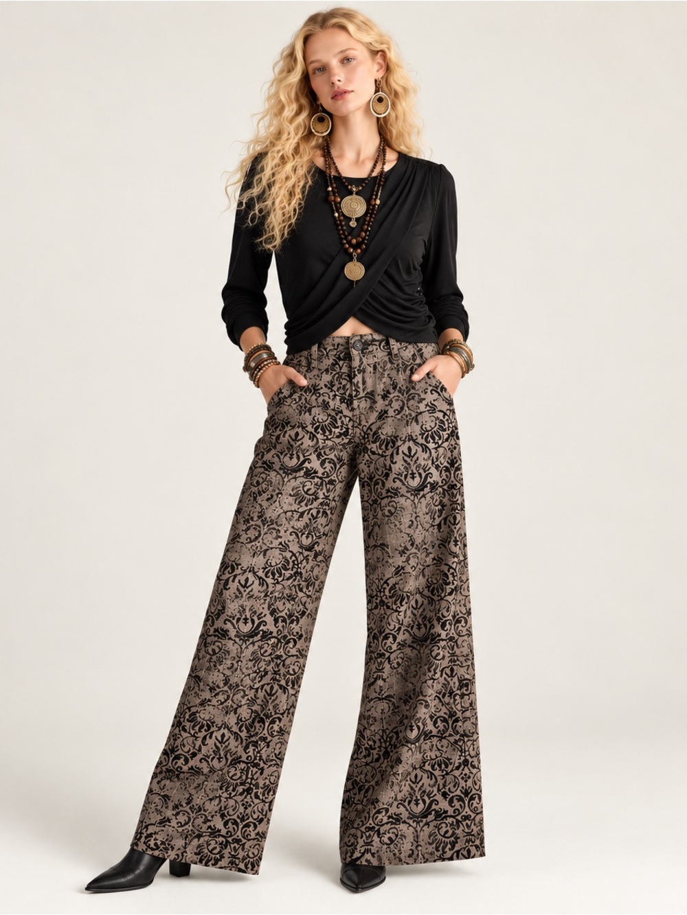 Etcetera Women’s Size 8 Brown Black Damask Print Straight Leg Pants Wool Blend